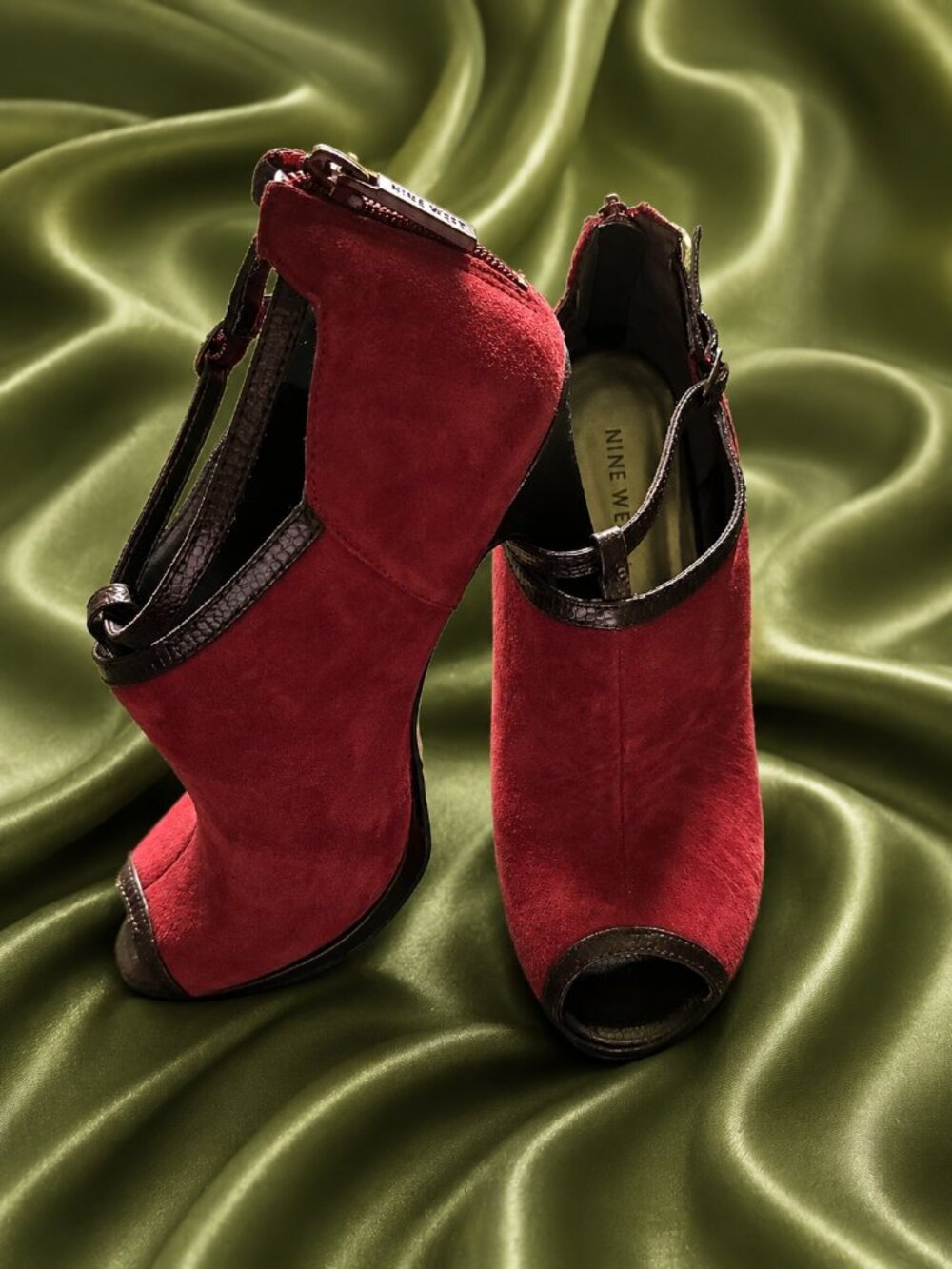 Stylish Red Suede Peep-Toe Heels with Back Zip
